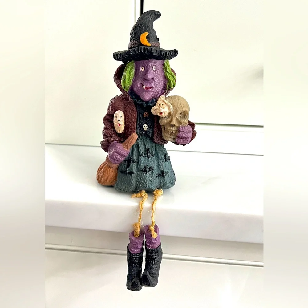 Vintage Halloween Decoration Witch Figurine ornament with hanging legs. 9.25×4